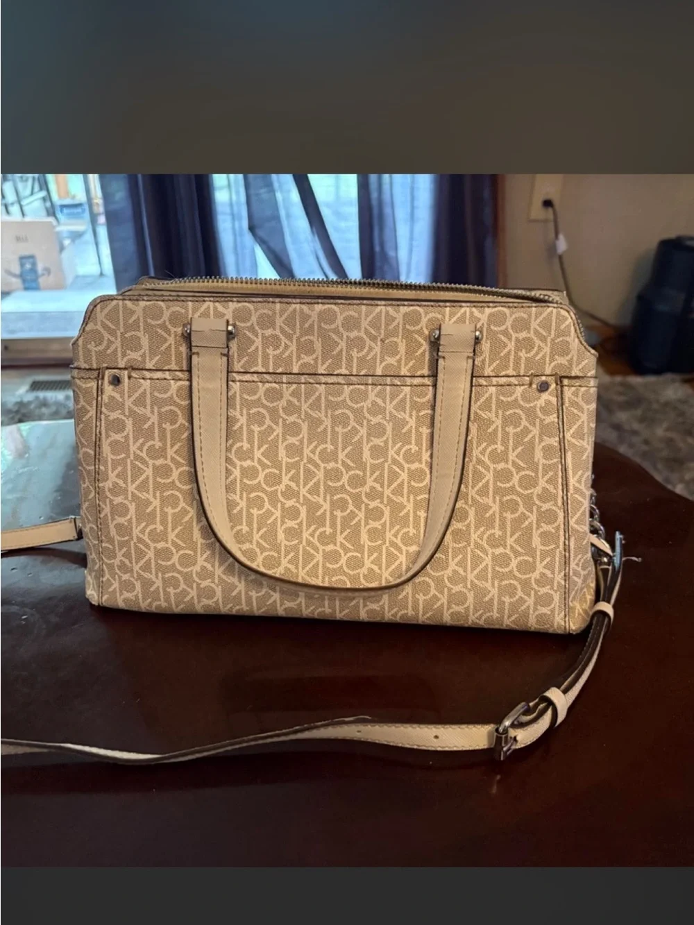 Calvin Klein Cream Monogram Satchel with Top Handles